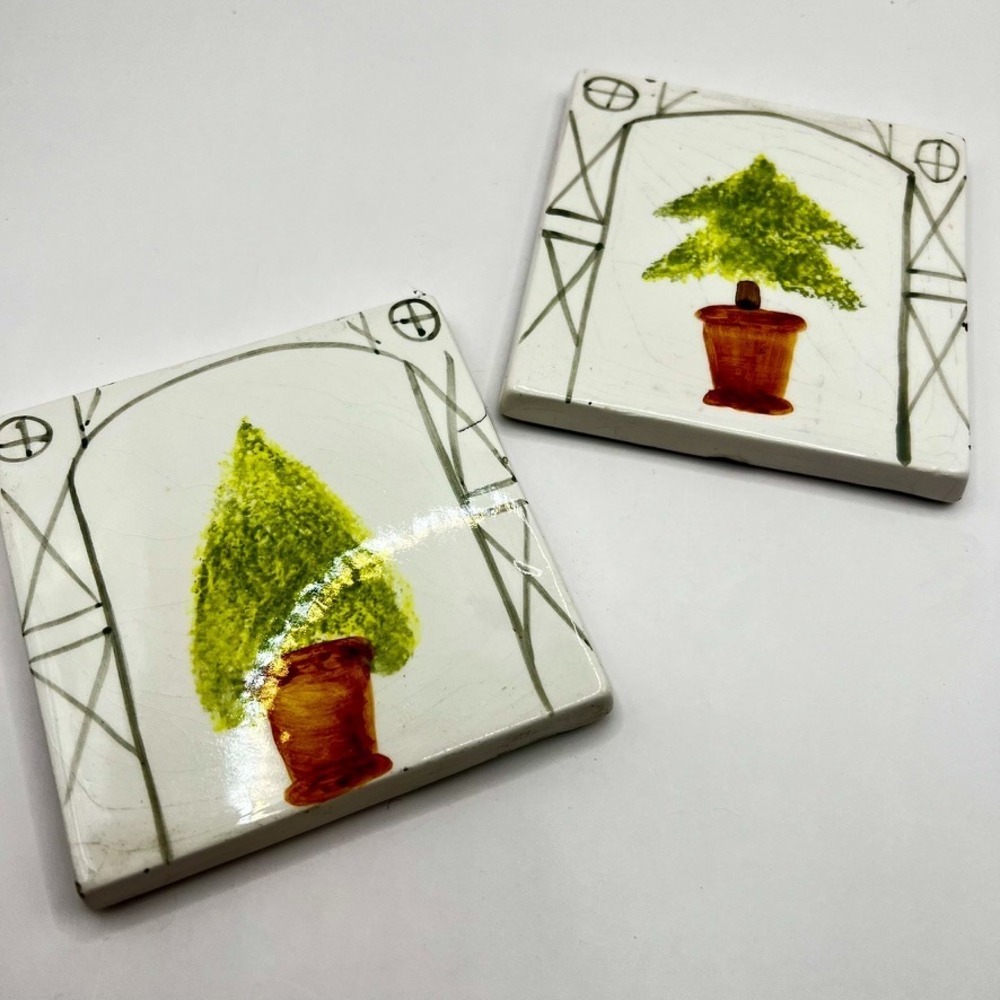 2 Vtg Ceramic Tiles Coasters 4x4 Hand painted Italian Garden Plant Pot Arbor